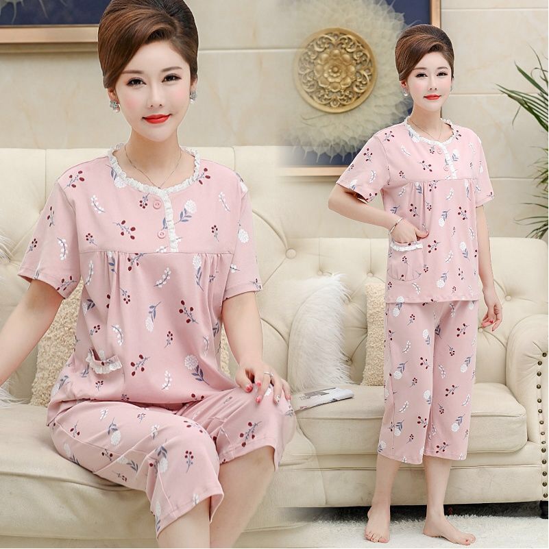Đồ ngủ nữ quần ngắn cotton tay phụ trung niên hai mảnh dịch vụ tại nhàx
