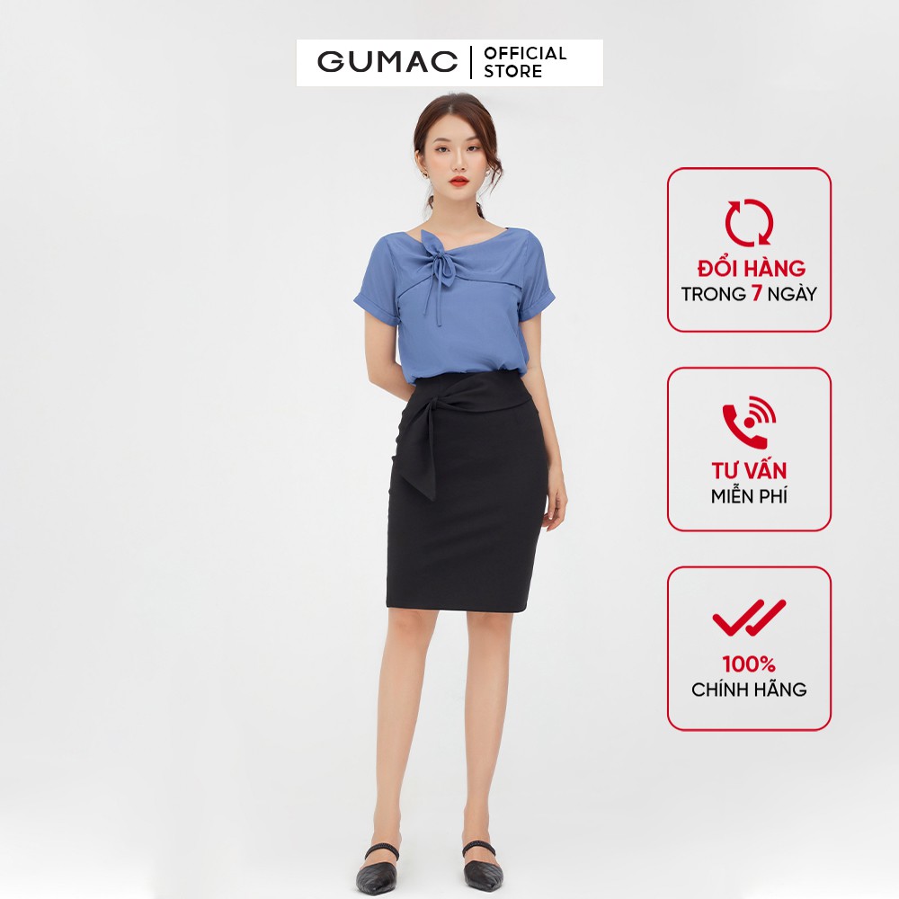 [Mã MABR07062 giảm 8% tối đa 50K đơn từ 249K] Chân váy nữ phối nơ GUMAC dáng bút chì màu đen thanh lịch VB582