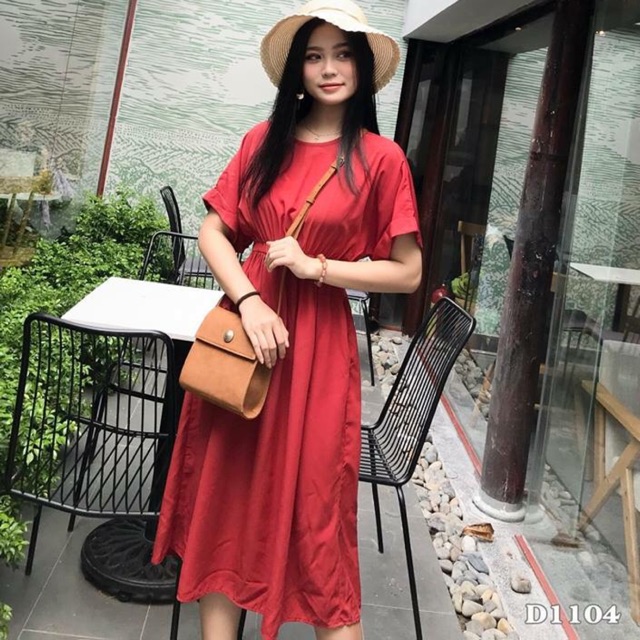 Đầm đỏ vàng bo eo