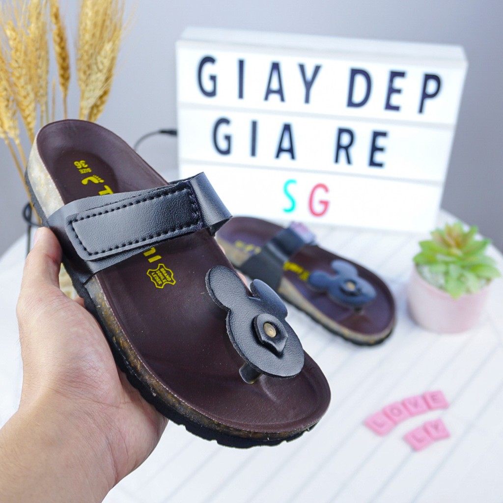 Dép xỏ ngón nữ đế trấu hình chuột Mickey - 2 màu Trắng Đen