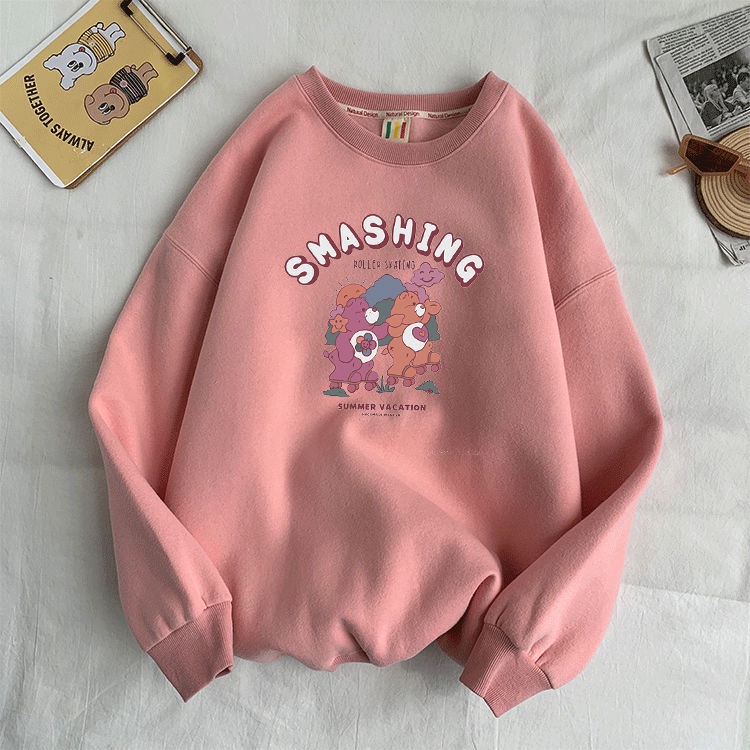 Áo hoodie cổ tròn vải lông cừu dày phong cách đường phố hip hop mới mùa thu đông 2021 cho nữ