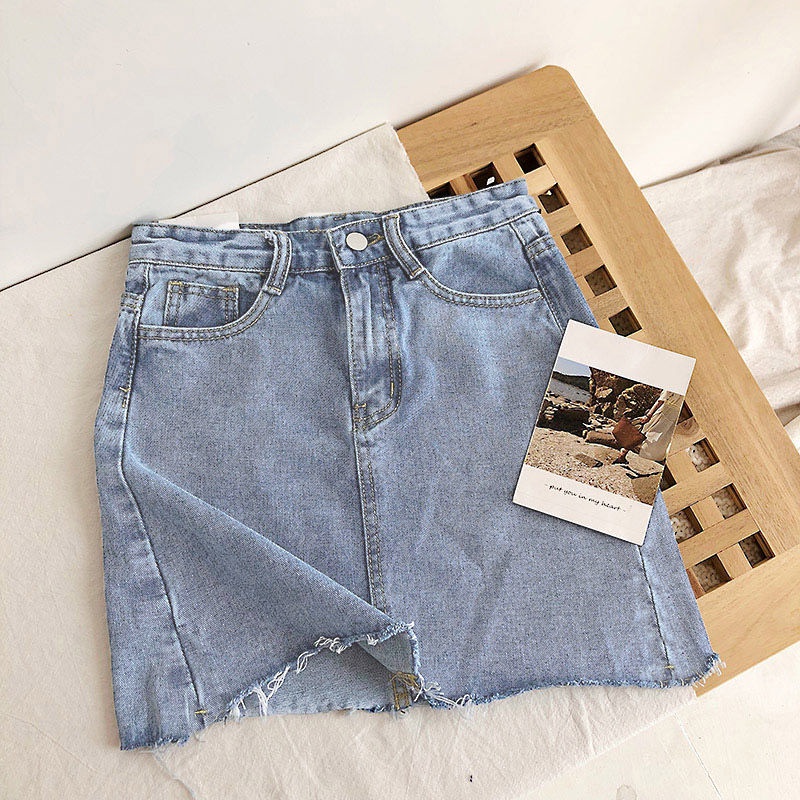 COZOK Chân váy jean Lưng Cao Form Ôm Thiết Kế Rách Tua Rua Phong Cách Retro