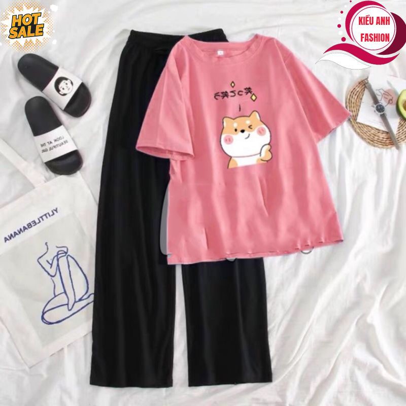 Sét Bộ Đồ Nữ Áo Cotton Organic Ngắn Tay Cổ Tròn Mèo Chống Cằm Kèm Quần Thun Cát Rộng Mặc Đi Chơi Dạo Phố, Mặc Ở Nhà