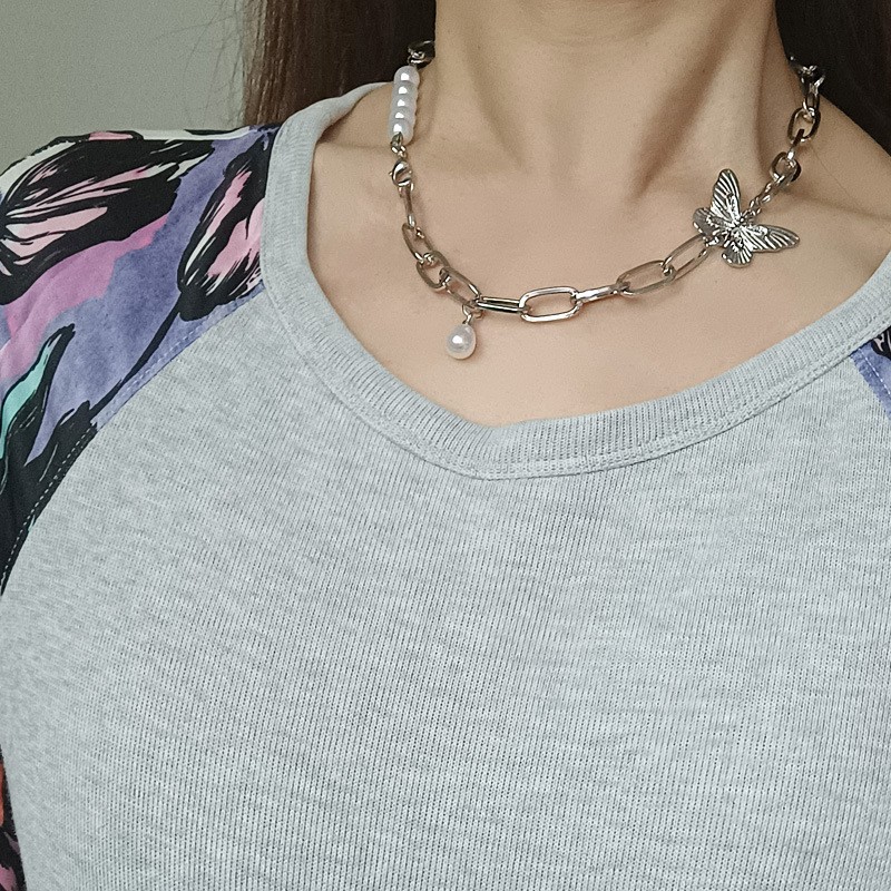 Dây chuyền choker sợi xích phối mặt hình bướm size lớn đính đá lấp lánh thời trang