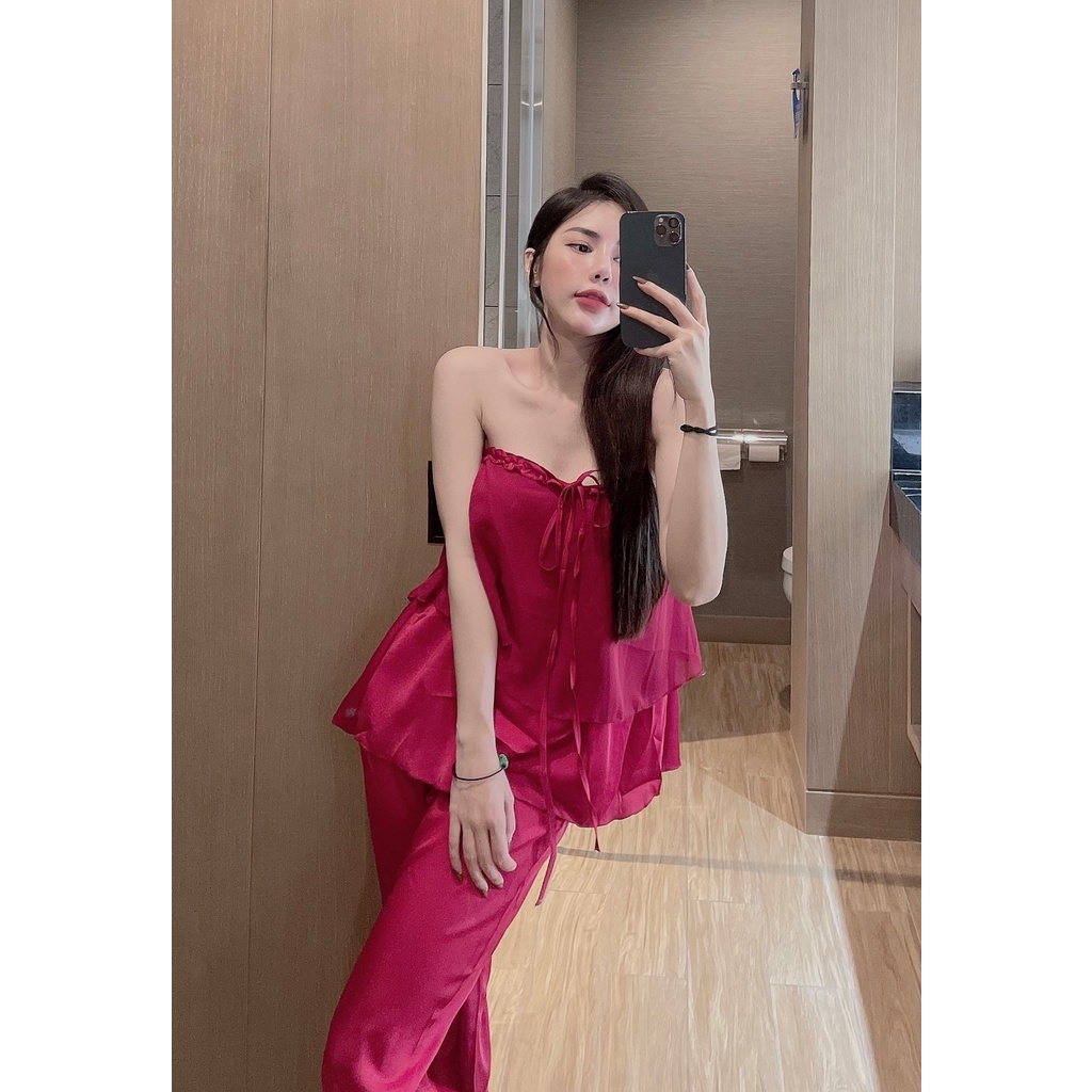 Đồ mặc nhà 2 dây yếm Sexy lụa slatin Siêu Mát