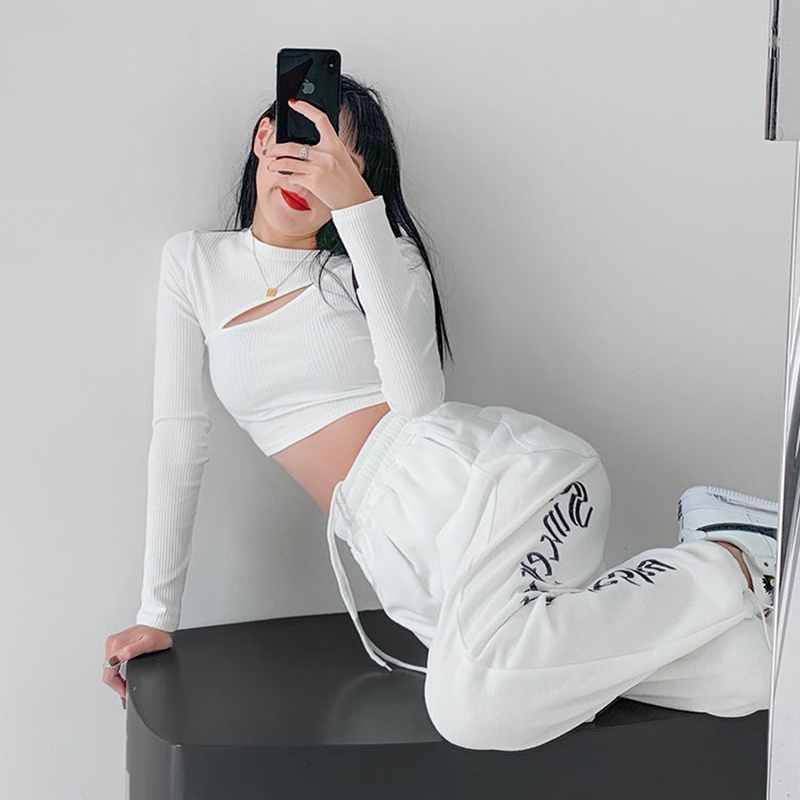 IELGY Quần Dài Ống Túm Dáng Rộng In Chữ Phối Dây Rút Cá Tính