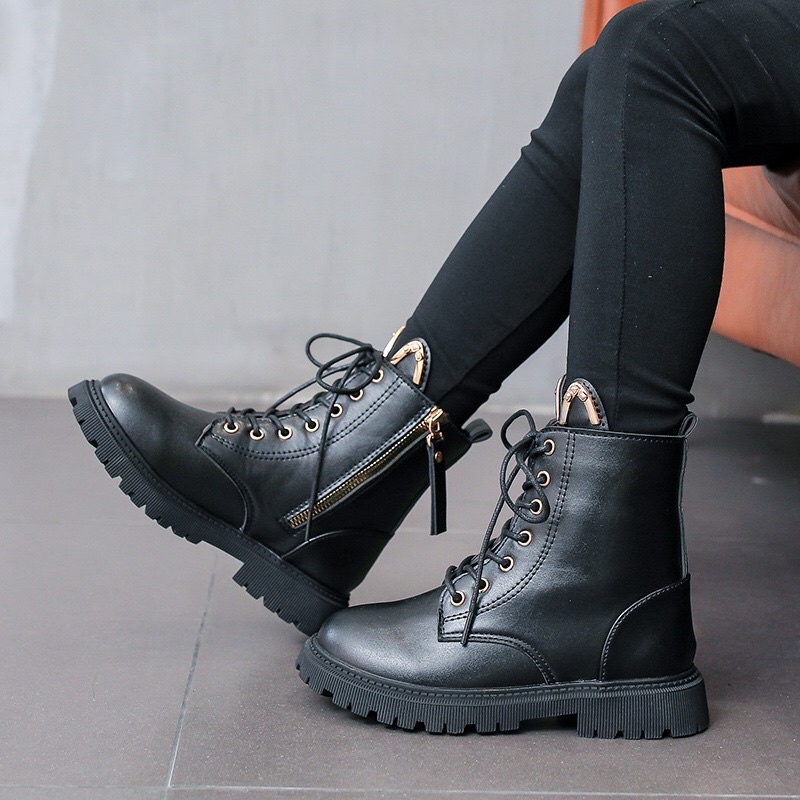Giày boot cho bé gái bé trai da mềm đế êm nhẹ size 27-37 màu Đen phong cách Anh Martin cổ cao - Bốt trẻ em đẹp rẻ 2023