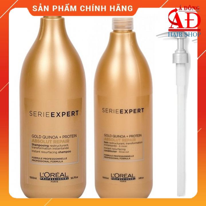 Bộ dầu gội xả phục hồi tóc L'oreal Serie Expert Gold quinoa + Protein Absolut Repair 1500ml/1000ml