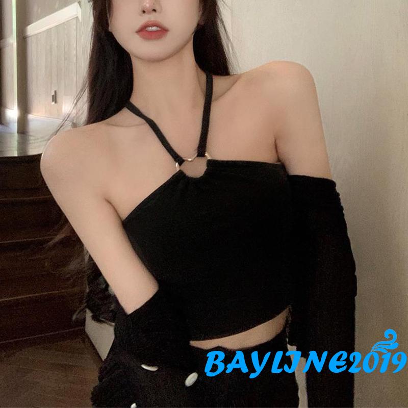 BAY-Women Halter Neck Tank Tops, Solid Color Sleeveless Elastic Ring Connected Outwear Casual Vest Tops
