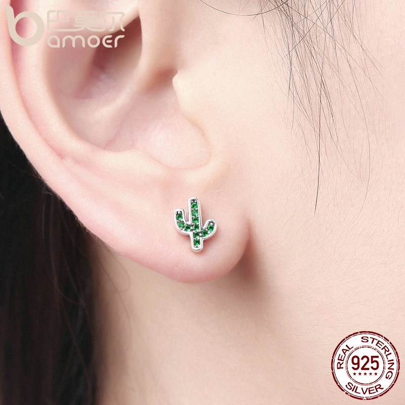 Khuyên Tai Bamoer Bằng Bạc Đính Đá Pha Lê Lấp Lánh Màu Xanh Lục/Màu Trắng Dành Cho Nữ