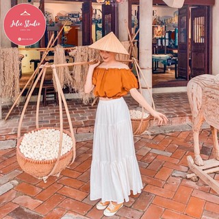 Set Quần Áo ♥️ FREE SHIP ♥️ Set Áo Trễ Vai Nâu + Chân Váy Trắng Thời Trang - Thanh Lịch - Quyến Rũ