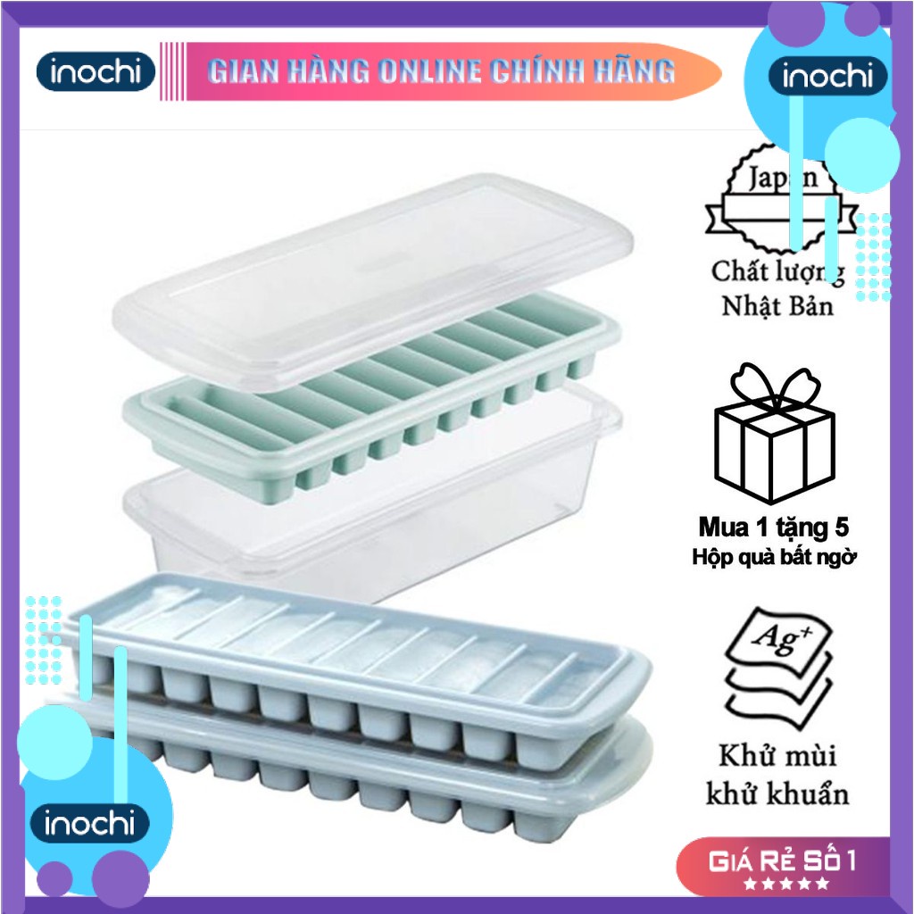 Khay đá - vỉ làm đá tủ lạnh khay 10 thanh có nắp đậy bằng nhựa nguyên sinh karu inochi Nhật Bản chính hãng cao cấp KLD01
