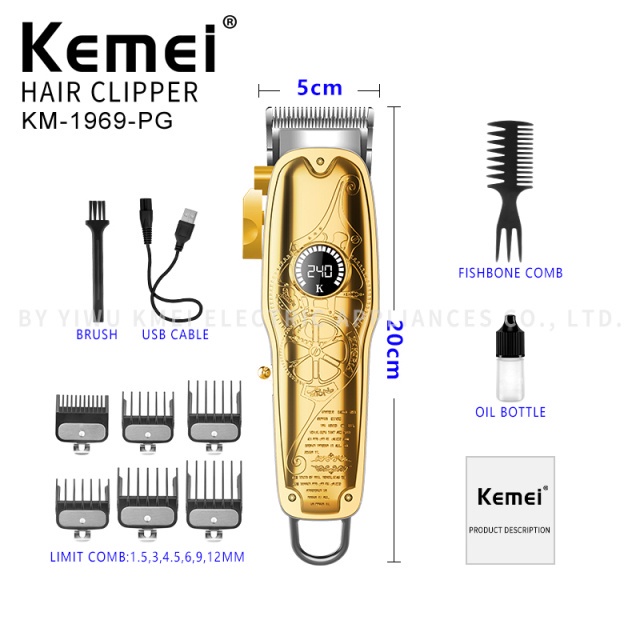 Tông đơ cắt tóc không dây cao cấp  Kemei 1969 PG - Lưỡi thép Carbon màn hình LCD