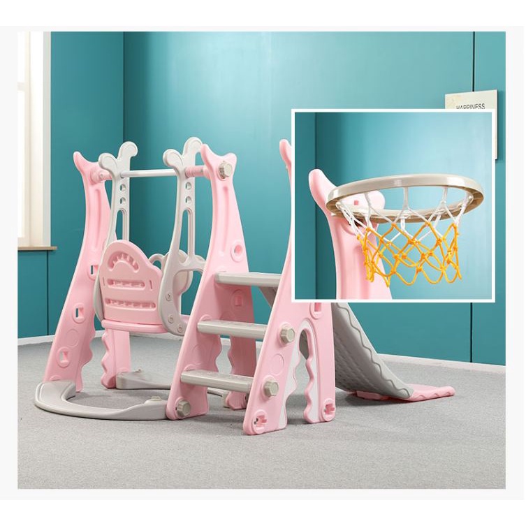 SD0642 Bộ cầu trượt xích đu, chất liệu nhựa PP an toàn, phù hợp cho chơi trong nhà ngoài trời, có bóng rổ đi kèm