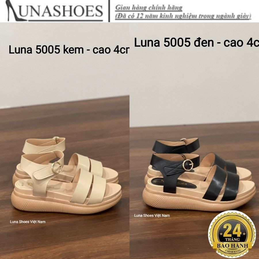 Giày sandal cao Lunashoes (5005) da si mũi tròn có quai ngang màu đen, kem bảo hành 1 năm dép đi học