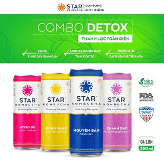 Combo 4 lon mix vị thức uống lên men STAR KOMBUCHA - Detox Pack (250ml/lon)