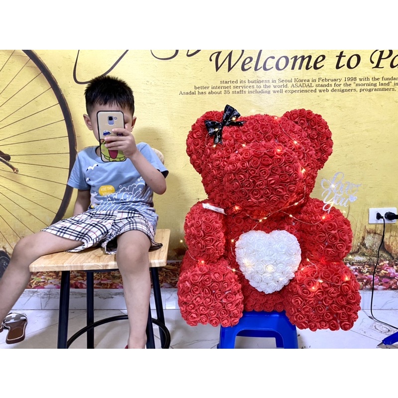 Gấu hoa  70cm fullbox - Tặng kèm Thiệp + Topper chữ Love You, Happy birthday, Wedding