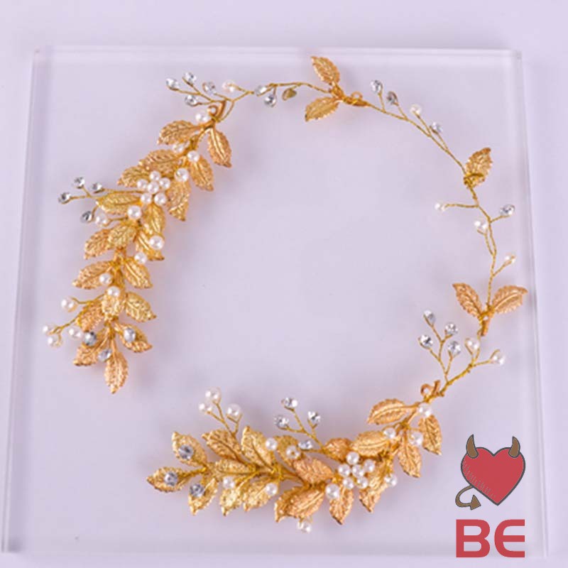 Cài tóc YADORNOS đính đá giả kim cương và cườm handmade trang trí hình cành lá màu vàng đồng dùng trong đám cưới