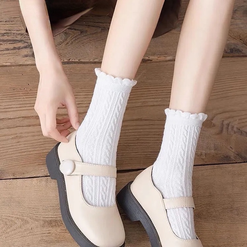 Vớ Cotton Co Giãn Thoải Mái Màu Trơn Phối Ren Nhún Bèo Ngọt Ngào Cho Nữ