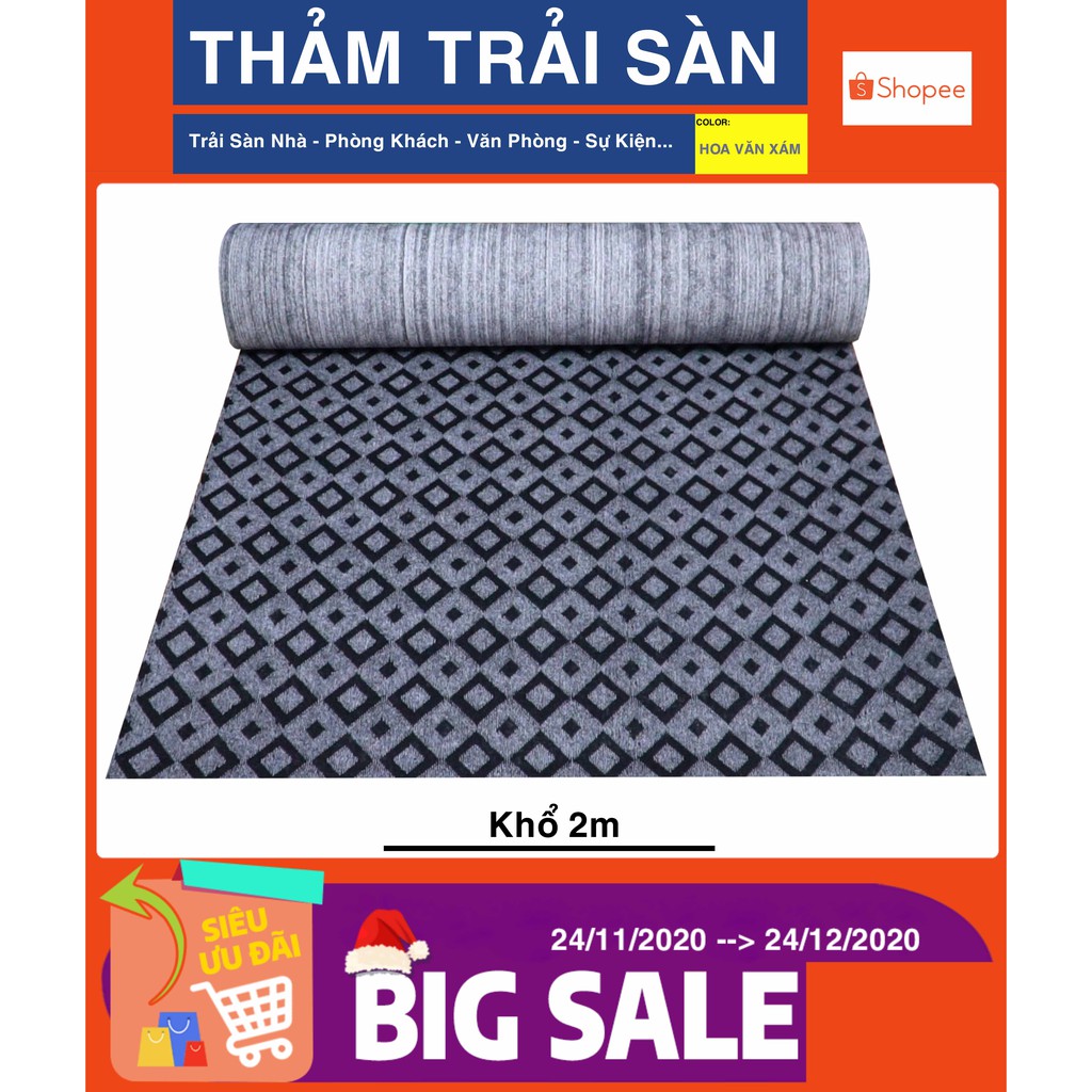 Thảm nỉ trải sàn nhà màu xám - hoa văn dày 5mm - khổ 2m