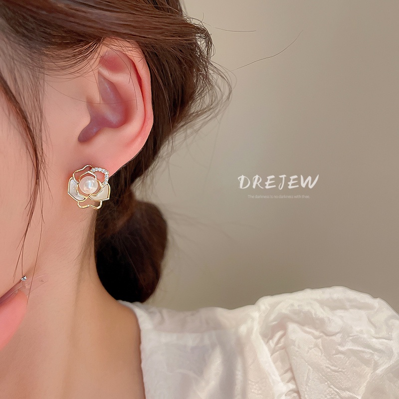 DREJEW Khuyên tai mạ vàng bạc kiểu hoa đính đá ngọc trai đơn giản phong cách Hàn Quốc