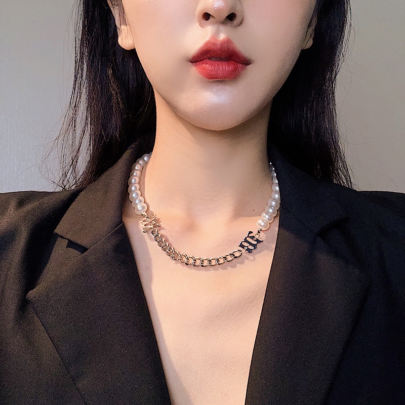 Vòng cổ unisex khâu chuỗi ngọc trai nhân tạo kèm xích kim loại chất lượng cao kiểu dáng đẹp