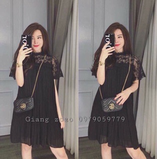 Váy suông xếp ly pha ren hoa
