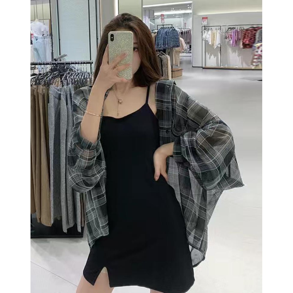 ( có sẵn ) Set váy áo sơ mi xu hướng mùa hè, đầm hở vai áo kẻ, phong cách nhẹ nhàng Taobao1688