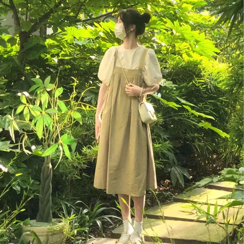 Set Áo Sơ Mi Tay Phồng + Đầm Yếm Dáng Rộng Dễ Thương Phong Cách Hàn Quốc Cho Nữ