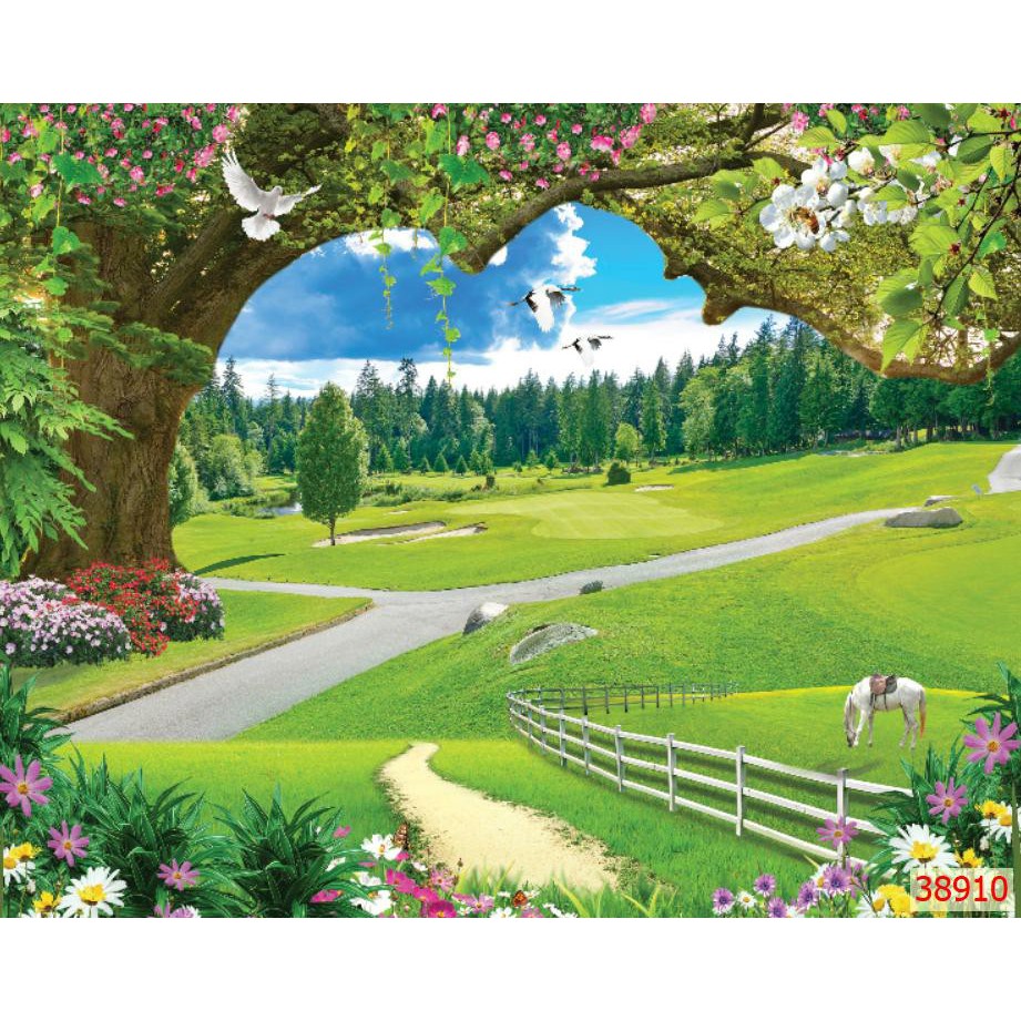 Tranh dán tường 3d phong cảnh thiên nhiên trang trí phòng khách chất liệu decal pp keo sẵn bóc dán atk16