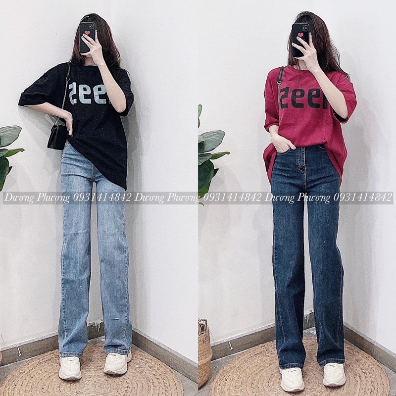 Quần jean ống xuông  đứng co giãn tốt lưng siêu cao