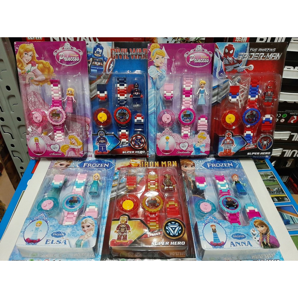 Rẻ  Đồng hồ điện tử lắp ráp lego Iron man, Spider-man,Capatain America ,Anna,Cinderella,Aurora, Elsa