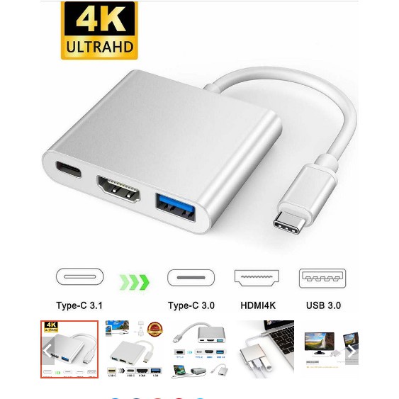 ◙Cáp chuyển cổng 3 trong 1 Type C Usb 3.1 sang Usb-C 4k Hdmi 3.0 thích hợp cho Iphone 8 7 Plus 6s Macbook Pro