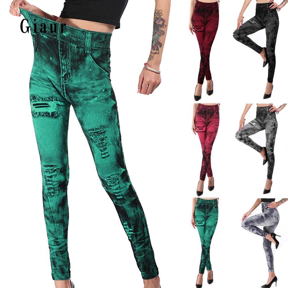 Quần legging giả jean chất liệu co dãn eo cao thời trang cho nữ