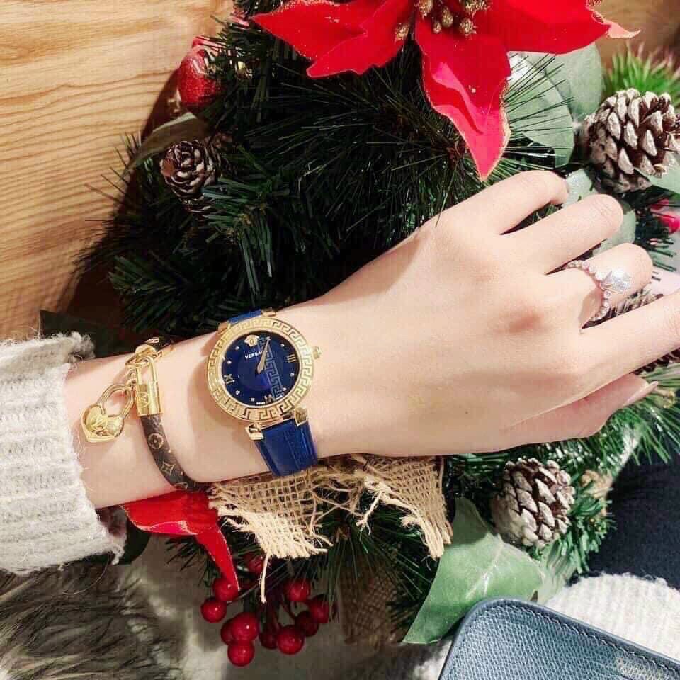 Đồng hồ đeo tay nữ, đồng hồ nữ chính hãng VERSACE full hộp cao cấp, siêu sang trọng, dây da xanh thời trang, cực đẹp