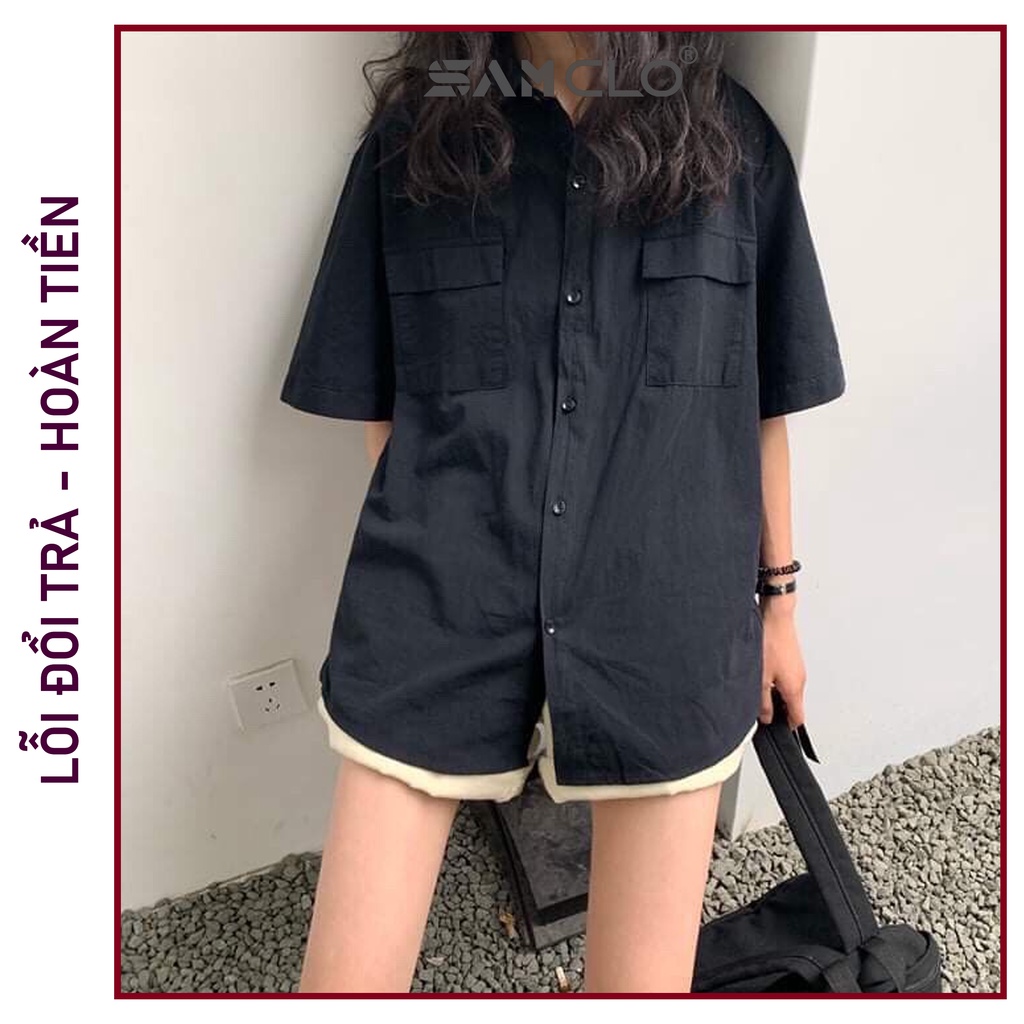 Áo sơ mi nữ SAM CLO cổ bẻ tay ngắn - lỡ ulzzang form freesize dáng rộng unisex mặc cặp, nhóm, couple TRƠN HAI TÚI