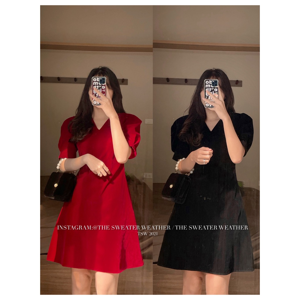 (Ảnh thật) Váy nhung dáng xoè cổ V tay bồng the.sweaterweather TSW | BigBuy360 - bigbuy360.vn