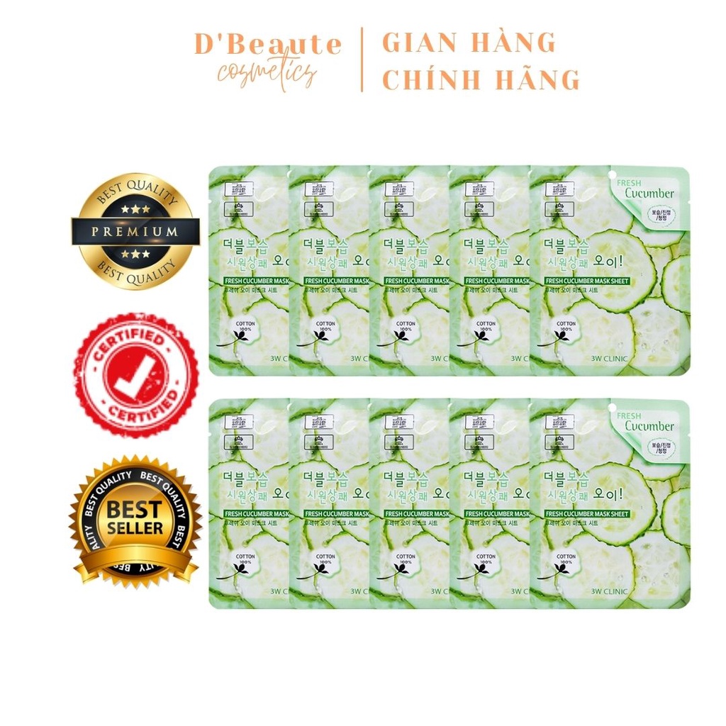 Combo 10 Gói Mặt Nạ 3W Clinic Fresh Cucumber Jelly Mask Sheet Chiết Xuất Dưa Leo (23ml x 10) - Hàn Quốc Chính Hãng