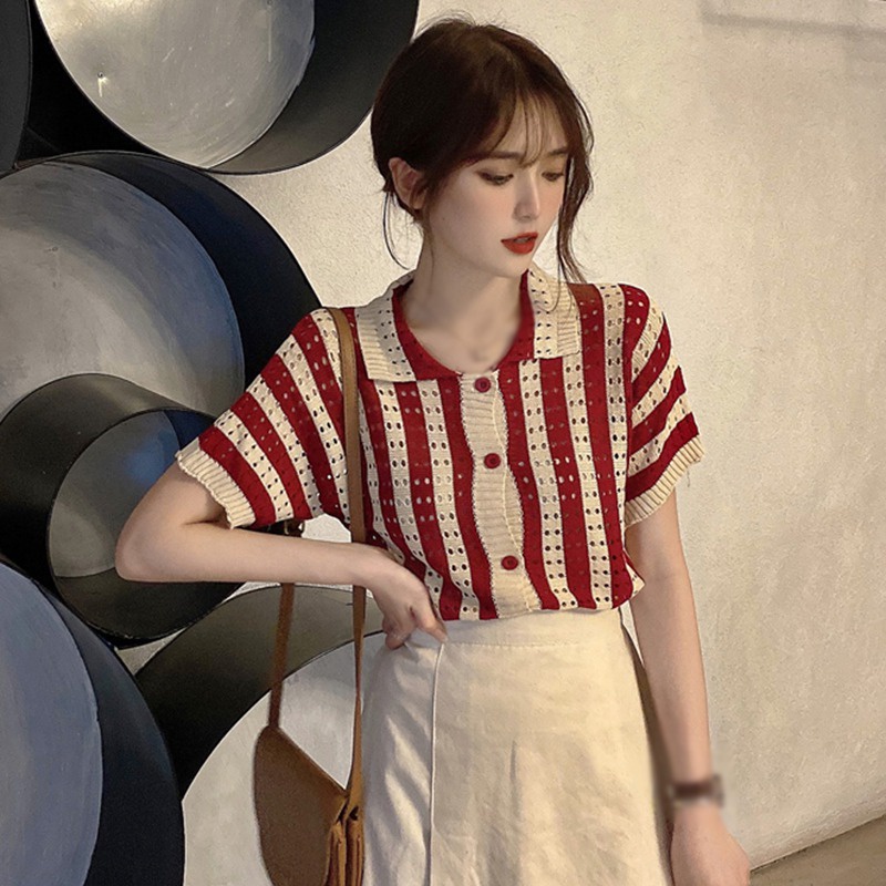 Áo nữ dệt kim tay ngắn họa tiết kẻ sọc thời trang mùa hè