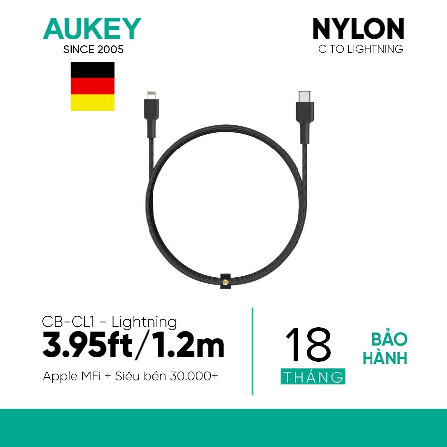 Cáp Sạc Nhanh iPhone C To Lightning Aukey CB-CL 1.2 - 2m MFi, PD 18W, Bện Nylon 2 Lớp