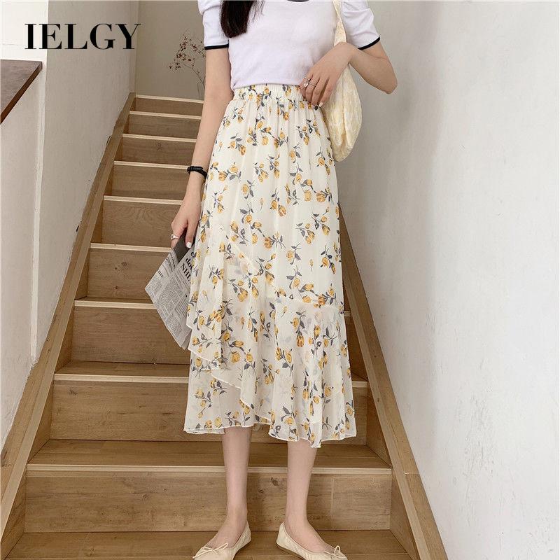 Chân váy voan IELGY lưng cao họa tiết hoa phối bèo phong cách Hàn Quốc cho nữ