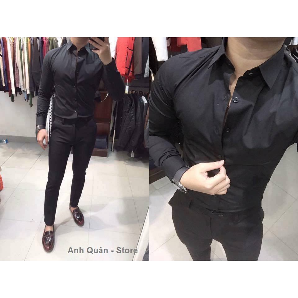Áo sơ mi màu đen chất lụa không nhăn