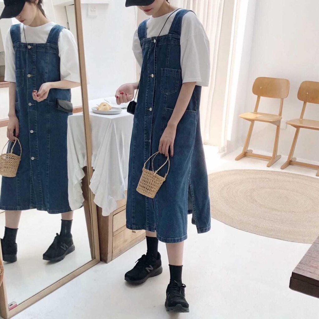 Đầm Yếm Denim Hai Dây Dáng Rộng Xẻ Tà Màu Xanh Dương Thời Trang Xuân Thu Hàn Quốc Dành Cho Bạn Nữ 2021