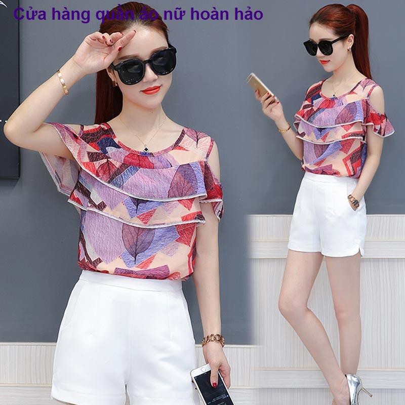 Áo sơ mi voan hoa lá sen hè 2021 kiểu mới tay ngắn blouse một vai cho nữ [phát ngà