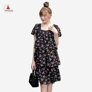 Đầm Nữ NHẬT VY Phối Tầng Cổ Vuông Tay Ngắn Họa Tiết Hoa Chất Tơ Dáng Xòe Màu Đen Vàng Hồng - D2050