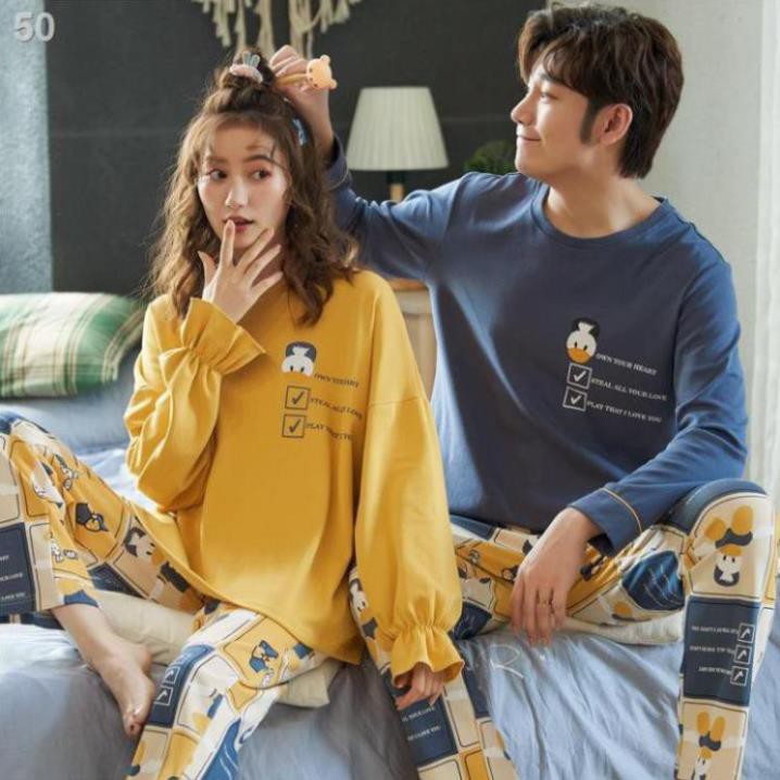 Couple pyjama mùa xuân và thu dài tay cotton nam nữ hè kimono mỏng phù hợp với sinh viênB  ༷ ༴