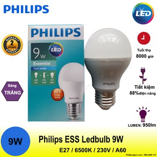 Combo 2 bóng đèn Led Philips Esential Ledbulb 9W E27 6500K 230V A60 (Ánh sáng trắng) (Hãng phân phối chính hãng)