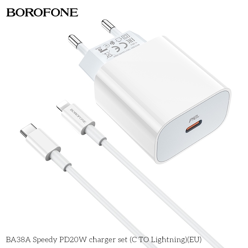 Bộ sạc nhanh PD20W BOROFONE BA38A Plus cổng USB-C, QC3.0 kèm cáp Type-C ra IP dài 1m - Chính hãng