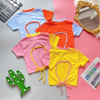 Áo croptop phối màu hở lưng cột nơ