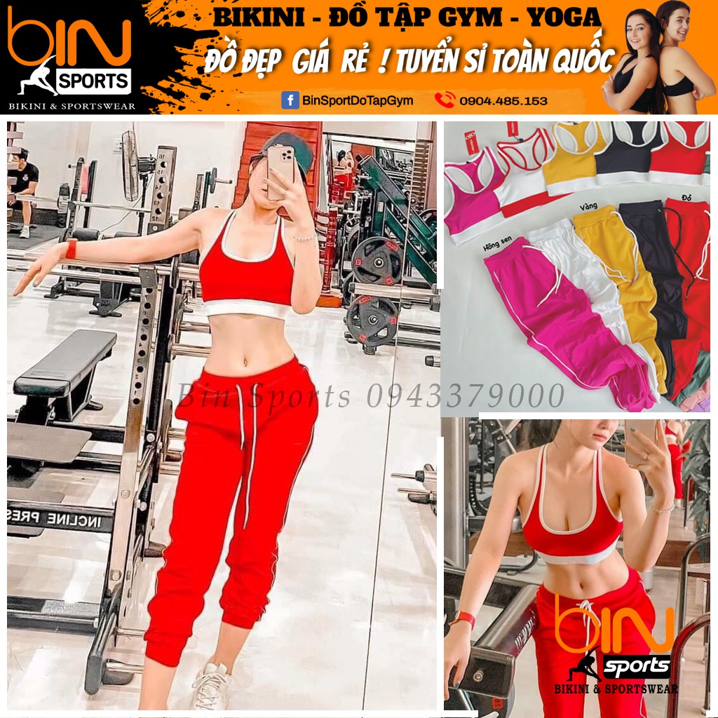 Đồ tập gym nữ, set bộ thể thao quần dài jogger áo bra kèm mút cao cấp Bin Sport BD099